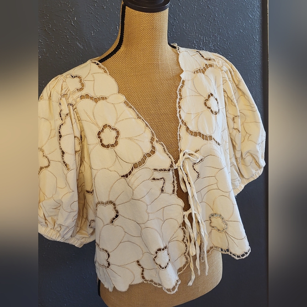 Free People Medium Cream/Ecru Lace Tie Front Blouse - Picture 2 of 10